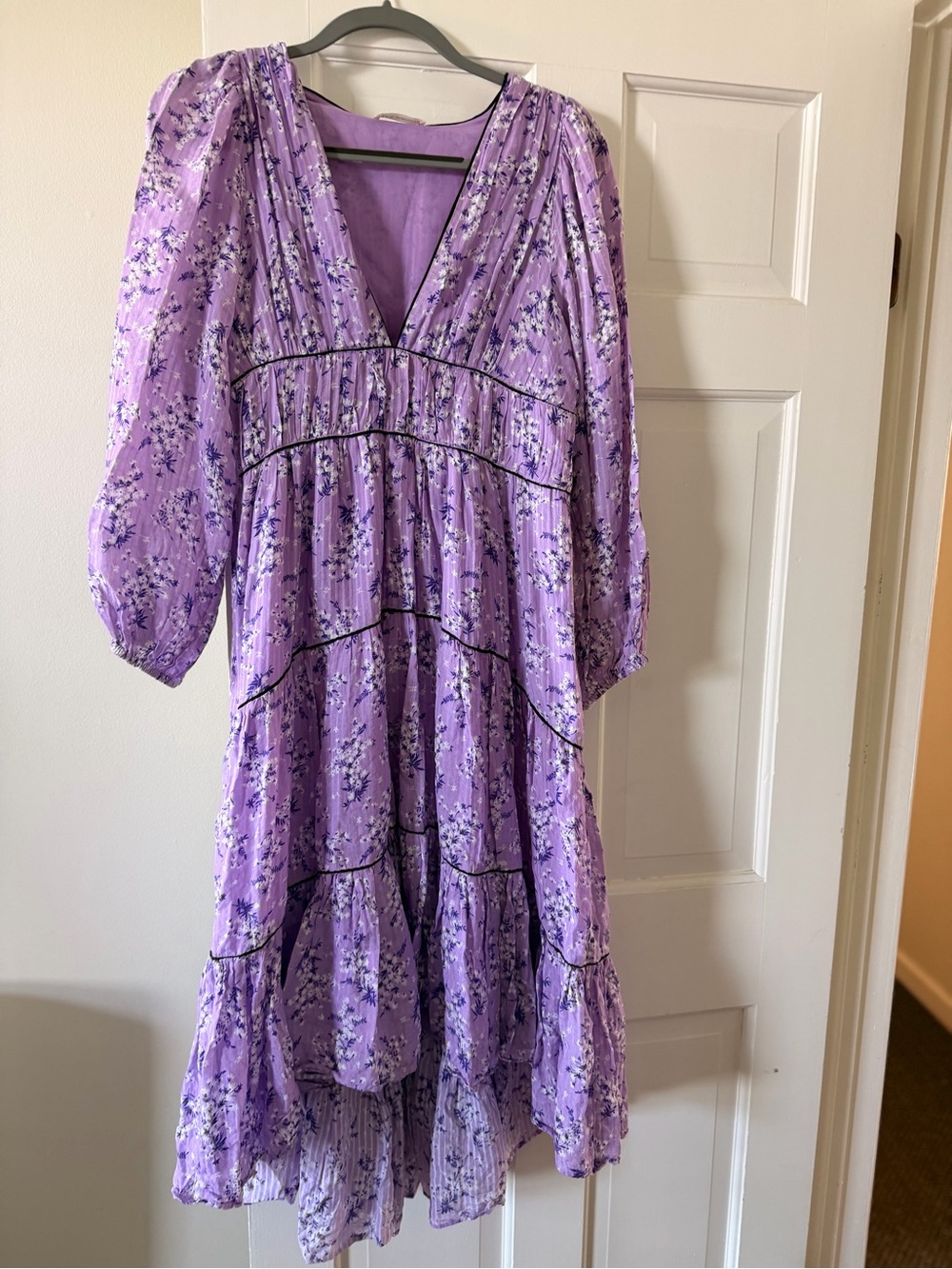 Lavender Floral V-Neck Tiered Midi Dress